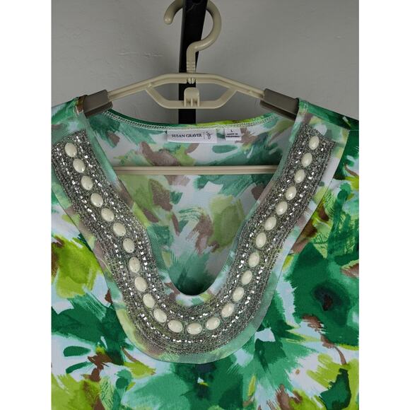 Susan Graver liquid knit tunic top beaded neckline green brown print - Picture 4 of 6